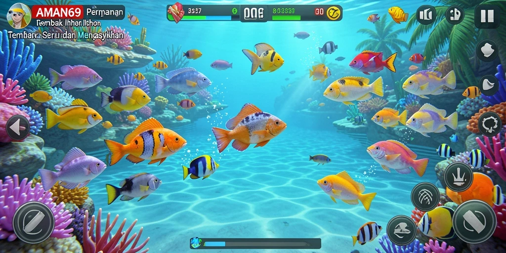 Screenshot AMAN69 menampilkan aksi tembak ikan yang seru dan penuh warna.
