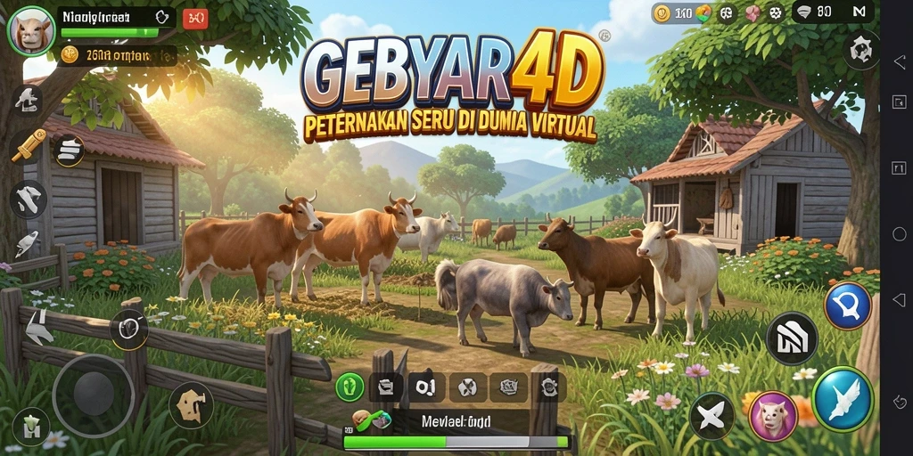 Tampilan gameplay GEBYAR4D yang menarik dengan peternakan dan tanaman hijau.