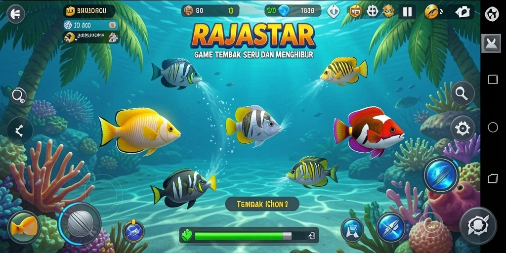 Tangkapan layar yang menunjukkan aksi menembak ikan yang seru di RAJASTAR.
